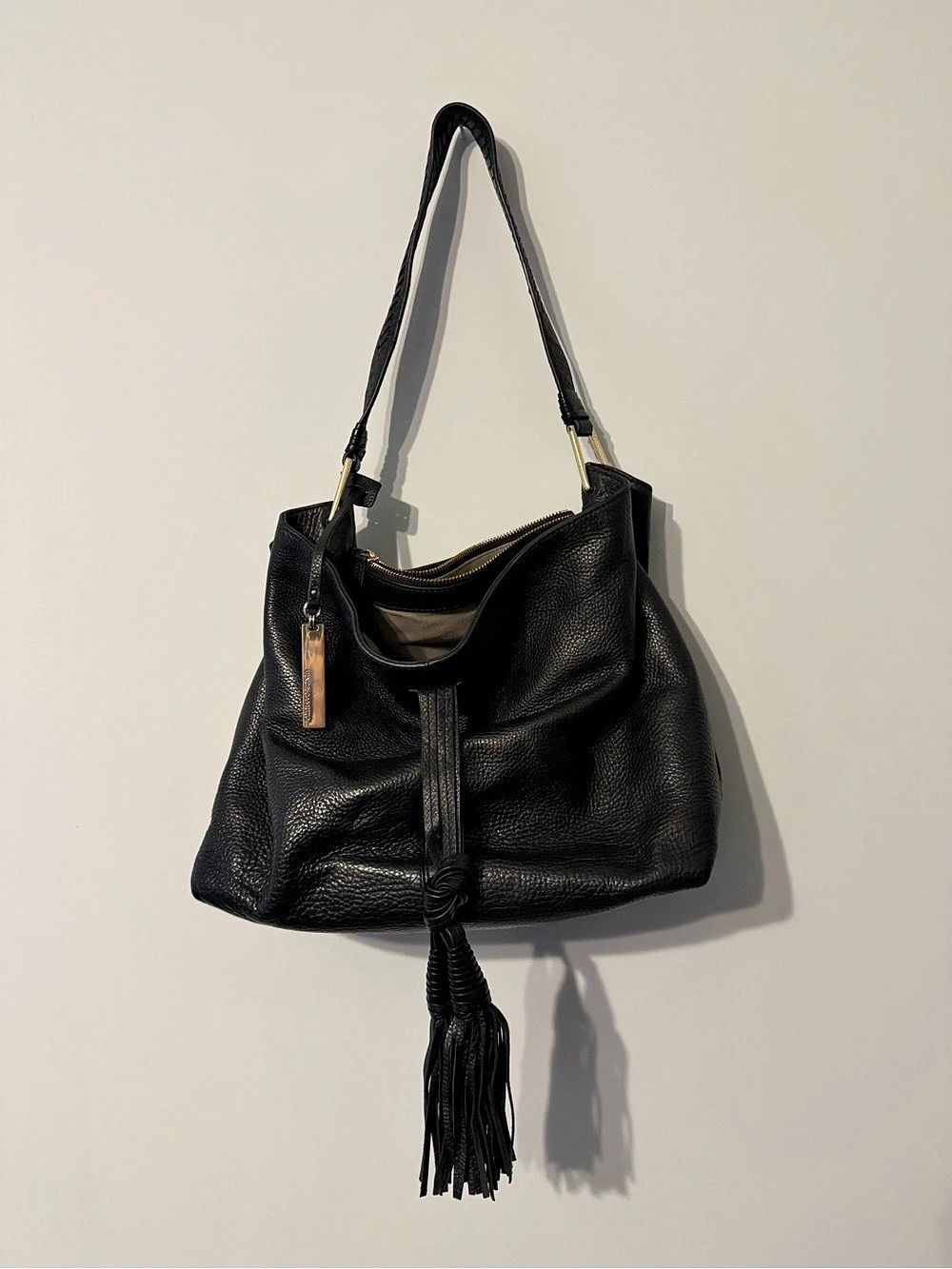 Vince Camuto Black Leather Hobo Bag with Tassel
